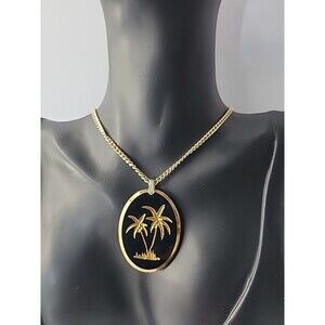 Vintage Gold Tone Palm Tree Pendant Necklace Black Oval Made in Germany